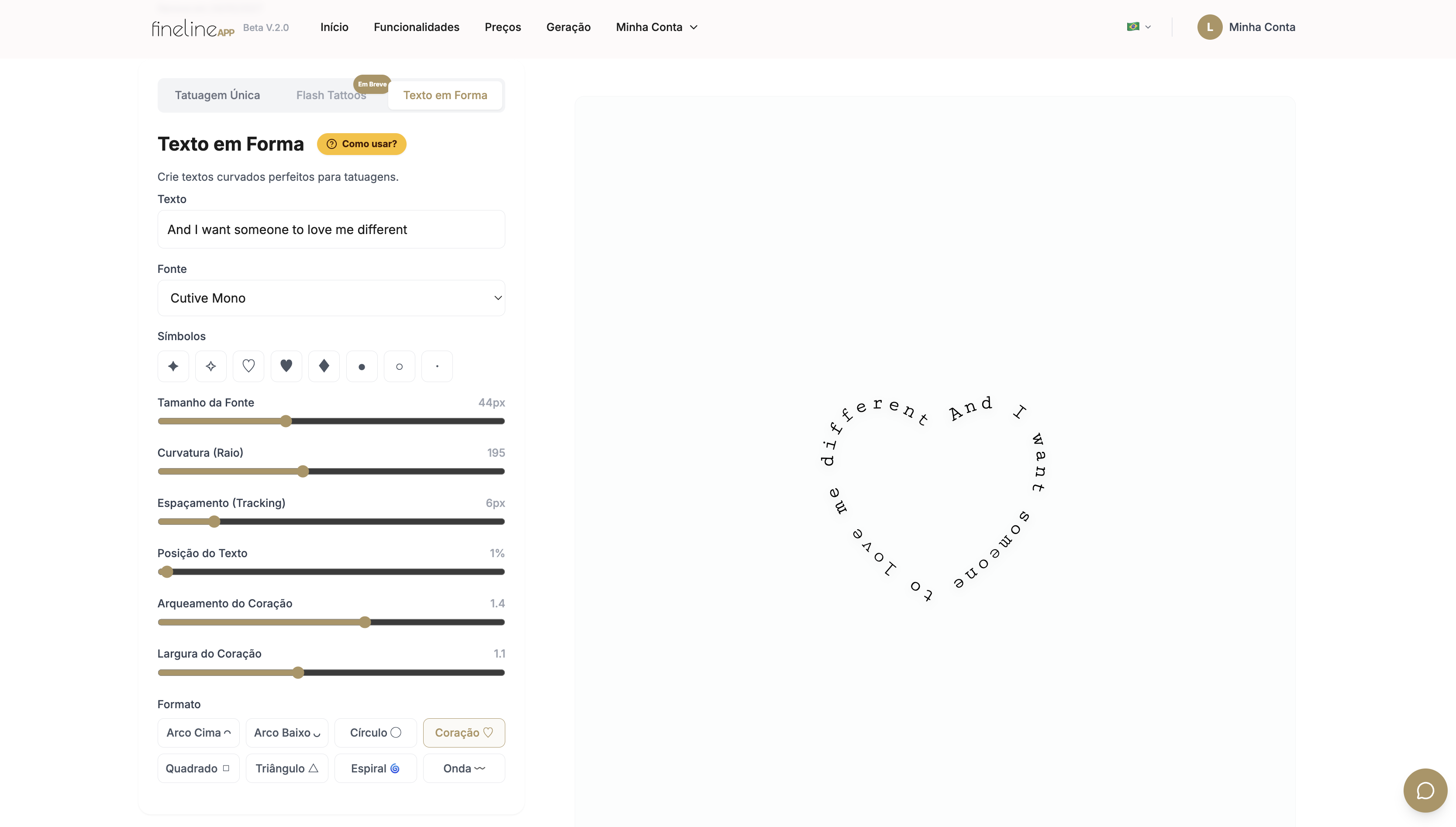 Ferramenta Texto em Forma — Fine Line App